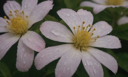 White anemone flowers with raindrops close-up macro photographyの写真素材