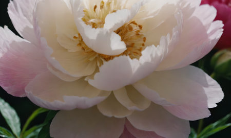 White and pink peony in a summer garden. Shallow depth of field.の写真素材