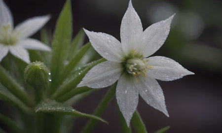 Close up of white flower with water droplets on the petalsの写真素材
