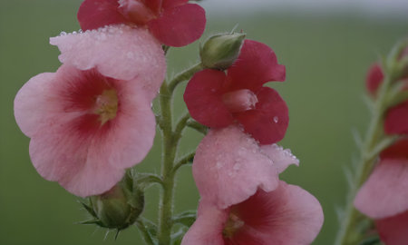 Pink hollyhock flowers with water droplets on petalsの写真素材