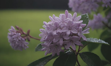 Purple lilac flowers in the garden on a rainy day.の写真素材
