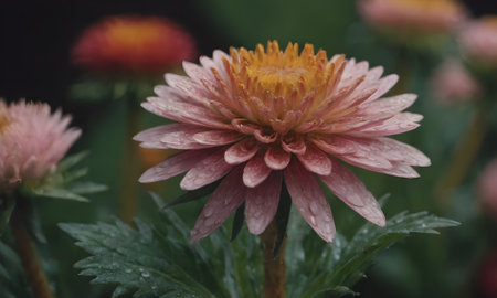 pink chrysanthemum in the garden with rain dropsの写真素材