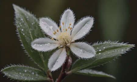 White flower with water drops on the petals, close-upの写真素材