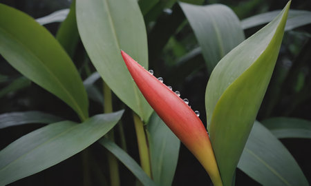 Heliconia flower with water droplets on the petals.の写真素材