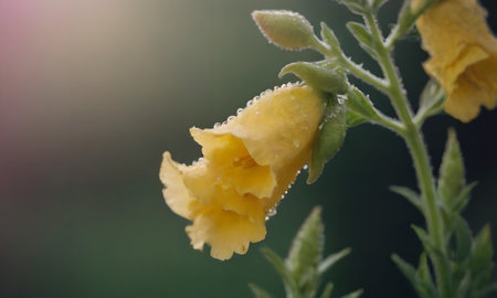 Yellow freesia flower with dew drops in the morning.の写真素材