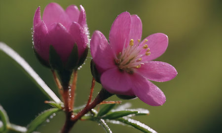Pink flowers with dew drops on the petals on a green backgroundの写真素材