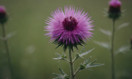 Purple thistle flower in the meadow. Selective focus.の写真素材