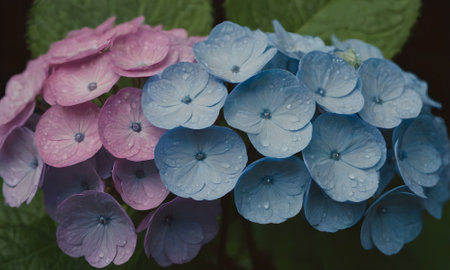 Hydrangea macrophylla flowers with water drops, vintage toneの写真素材