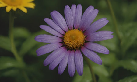 Purple daisy flower with water droplets on petals.の写真素材