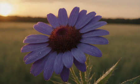 purple flower on the background of the setting sun and a fieldの写真素材