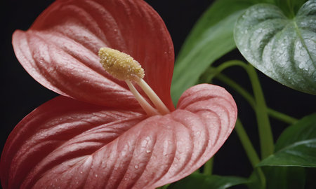 Red anthurium flower with green leaves on black background, close upの写真素材
