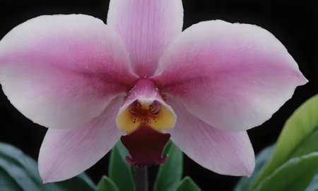 Beautiful pink orchid flower close-up on a black backgroundの写真素材