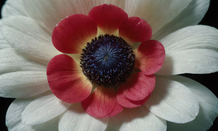 A macro shot of a red and white anemone bloom.