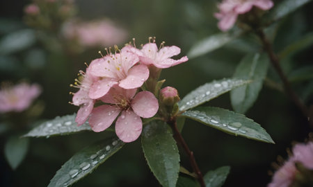 Pink flowers with raindrops in a garden in summer, closeupの写真素材
