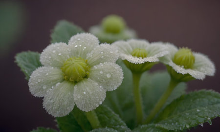 Close up of small white flowers with water droplets on petalsの写真素材