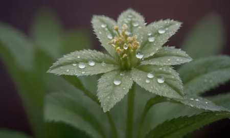 Water droplets on the leaves of an anemone plant.の写真素材