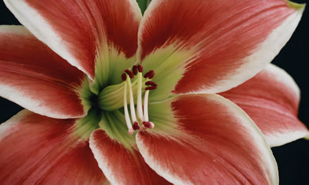 Close up of a red lily flower on a black background.の写真素材
