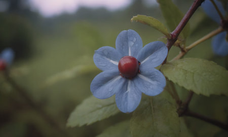 Blue flower with red ladybug in the garden, vintage tone.の写真素材