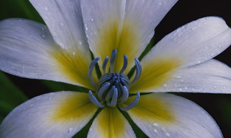 Close up of a white and yellow flower with water droplets.の写真素材