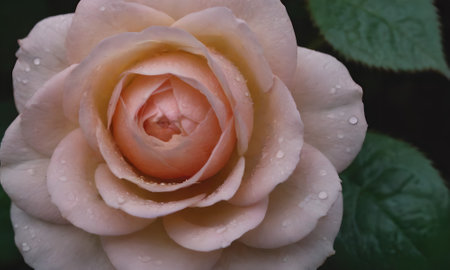 Beautiful pink rose with dew drops on petals close upの写真素材