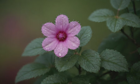 Pink hibiscus flower with water drops on a green backgroundの写真素材