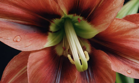 Beautiful red lily flower close-up on a black backgroundの写真素材