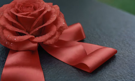 Red rose with a red ribbon on a dark background, close-upの写真素材