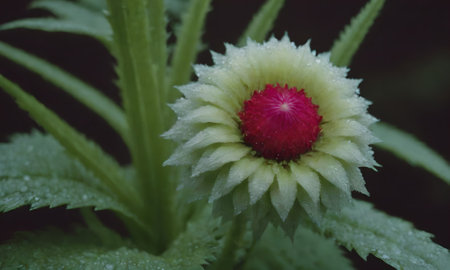 Close up of a flower with dew drops on the petalsの写真素材
