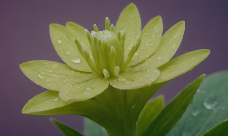 Green hellebore flower with water droplets on petalsの写真素材
