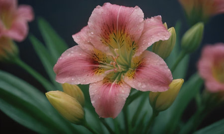 Pink lily flower with water drops on petals and green leavesの写真素材
