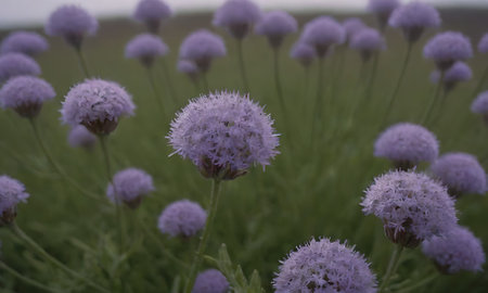 Purple flowers in the meadow in the evening. Shallow depth of fieldの写真素材
