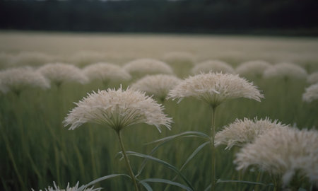 White flowers in a meadow with green grass in the background.の写真素材