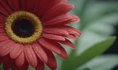 Close up of red gerbera flower with water drops on petalsの写真素材