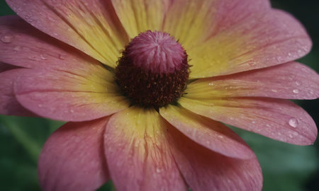 Pink and yellow daisy flower with water drops on petals.の写真素材