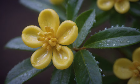 Yellow flower with raindrops on the petals, close-upの写真素材