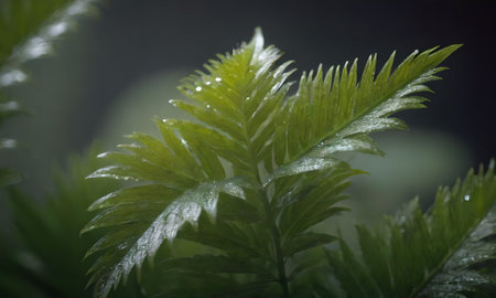 Close up of a green leaf with water droplets on it.の写真素材