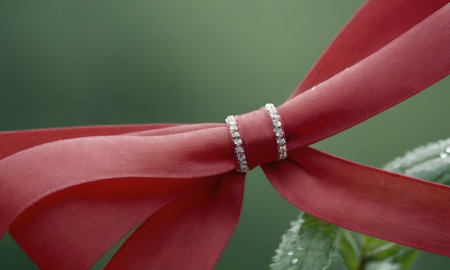 Wedding rings on a red ribbon with a green background.の写真素材