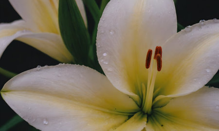 White lily with water drops on the petals, close-upの写真素材
