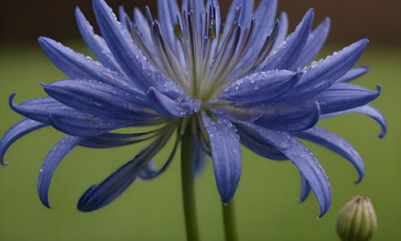 Blue flower with dew drops on petals, close-upの写真素材