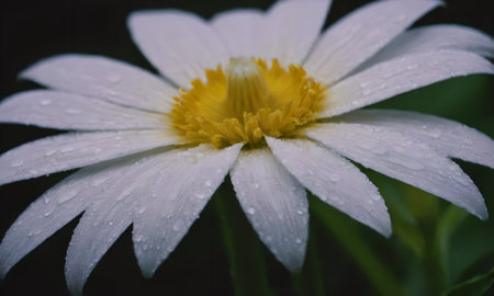White daisy flower with water drops on petals and green leavesの写真素材