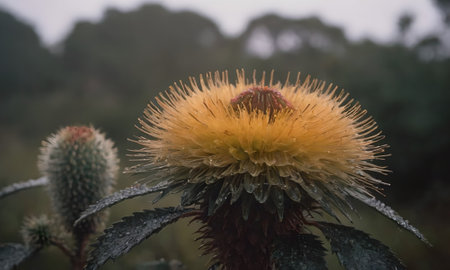 Close up of Thistle flower in the field with foggy backgroundの写真素材