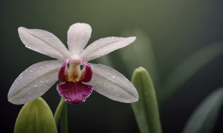 White orchid with water droplets on petals on green backgroundの写真素材