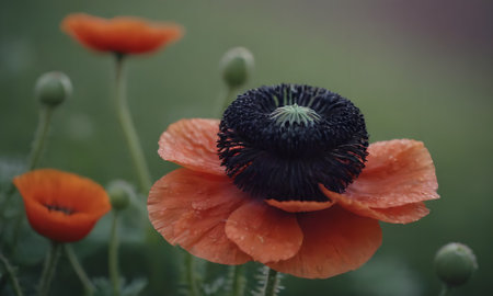 poppy flower in the garden with selective focus and shallow depth of fieldの写真素材
