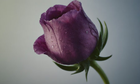 Purple rose bud with water drops on petals, close-upの写真素材