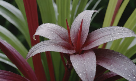 Red lily with water droplets on the petals in the gardenの写真素材