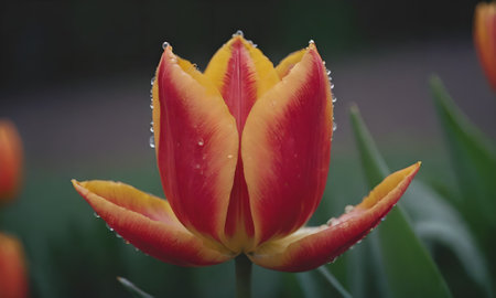 tulips. a bulbous spring-flowering plant of the lily family, with boldly colored cup-shaped flowers.の写真素材