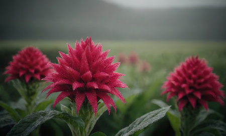 Red Cockscomb flower in the field with fog, Thailand.の写真素材