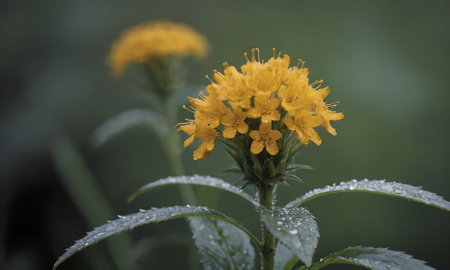 Yellow wildflowers with raindrops on a dark green background.の写真素材