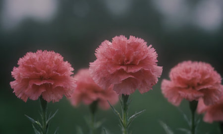 Pink carnation flowers blooming in the garden. Soft focus.の写真素材
