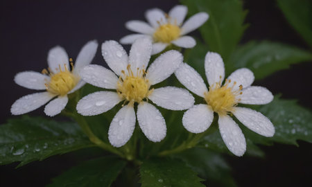 White flowers with raindrops on a dark background, close-upの写真素材